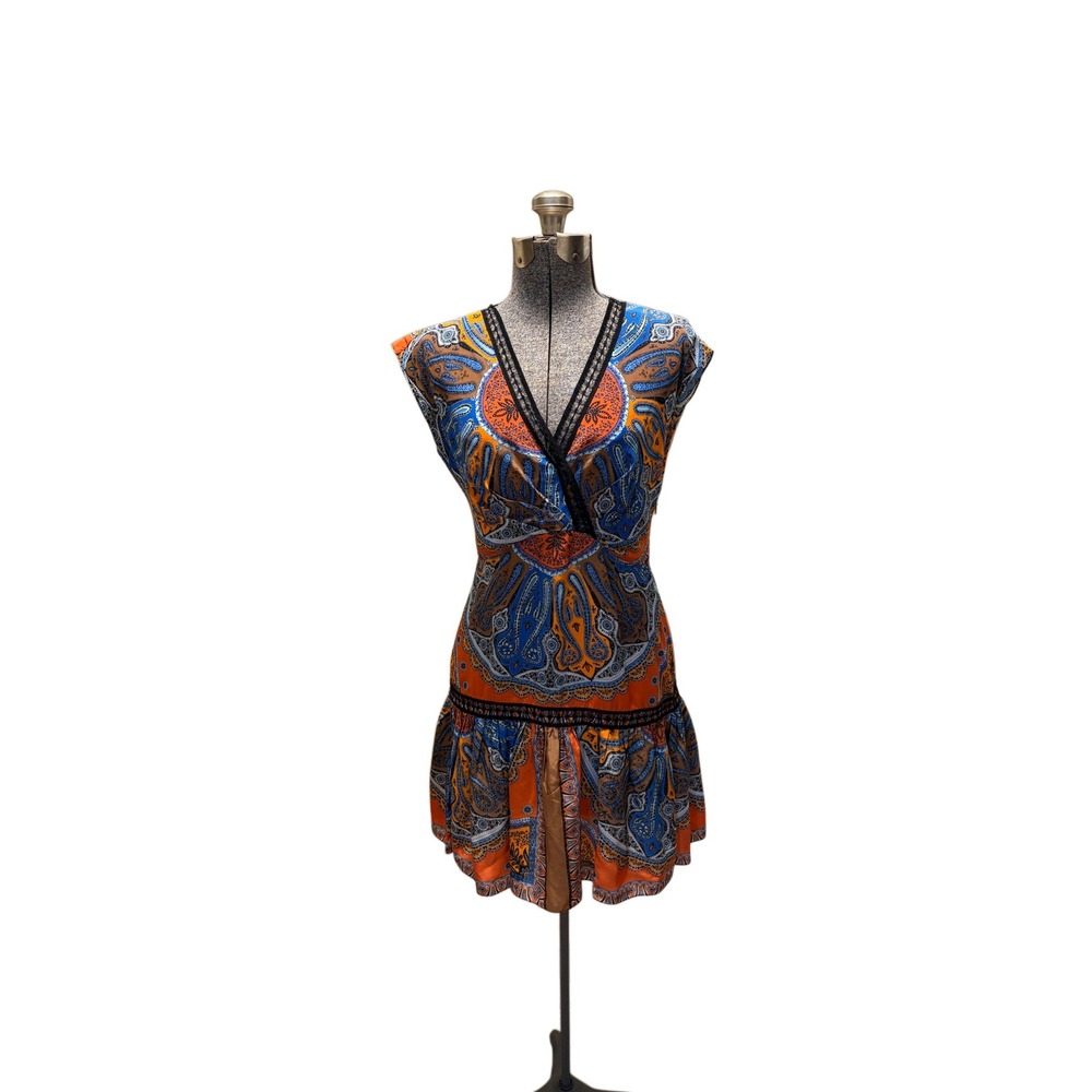 Sandro Paris Mini Dress‎ Womens S Orange Blue Good Paisley Lace Silk Blend Wrap